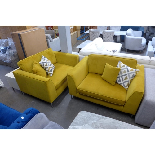 1492 - A pair of mustard yellow Grand Designs velvet large loveseats/two seater sofas on stiletto legs