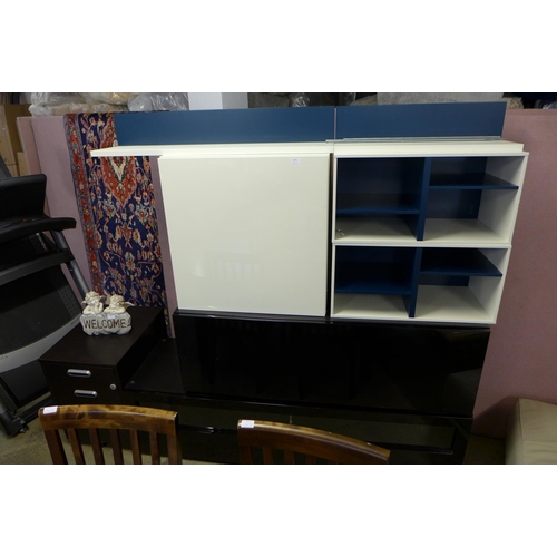 1575 - A pair of white and blue floating wall shelves, a set of white high gloss floating shelves, two blac... 