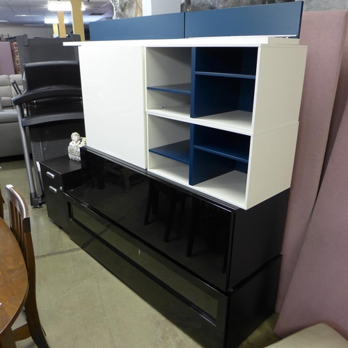 1575 - A pair of white and blue floating wall shelves, a set of white high gloss floating shelves, two blac... 