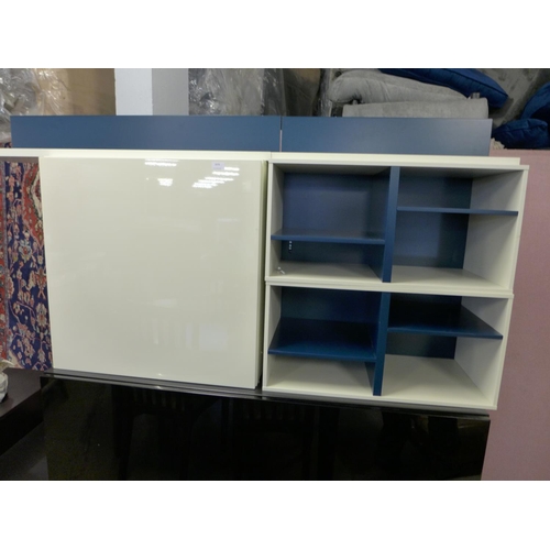1575 - A pair of white and blue floating wall shelves, a set of white high gloss floating shelves, two blac... 