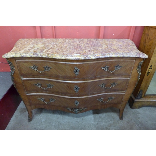 133 - A French Louis XV style inlaid kingwood and marble topped serpentine commode