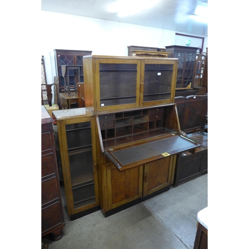 214 - An Art Deco Heals style oak and burr walnut bureau bookcase