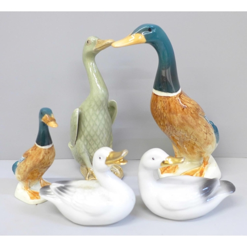 778 - A Beswick model mallard, 756-1 and 756-2, a/f, and three other model birds