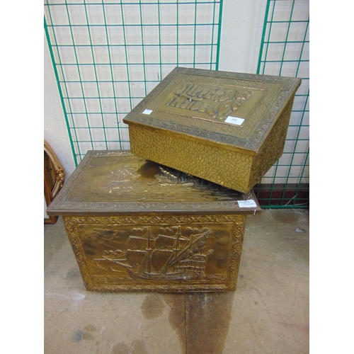 347 - A brass coal bin, a brass embossed slipper box and a cuckoo clock