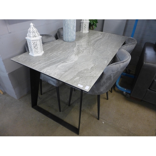 1312 - A Morada marble effect fixed top dining table with a set of four silver pinched back velvet dining c... 