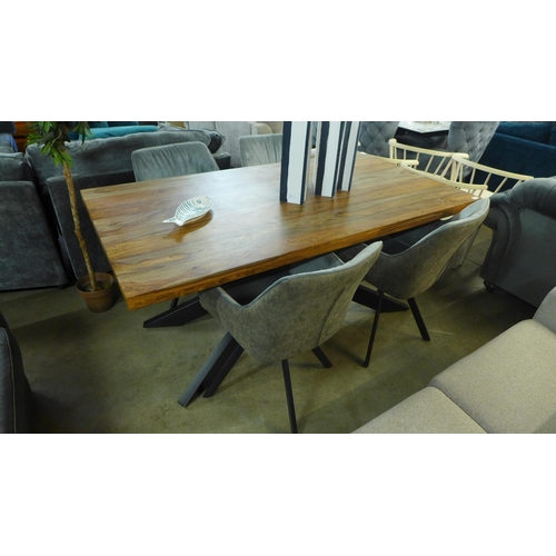 1361 - A hardwood fixed top and black metal leg dining table with a set of four silver velvet and brown fau... 