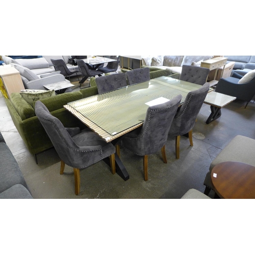 1457 - A white groove dining table with a set of six Jaipur, dark grey velvet, button back dining chairs *T... 