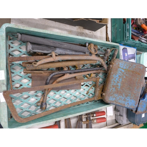 2024 - Tray of vintage hand tools ,tool attachments hedge cutter and a valor petrol can