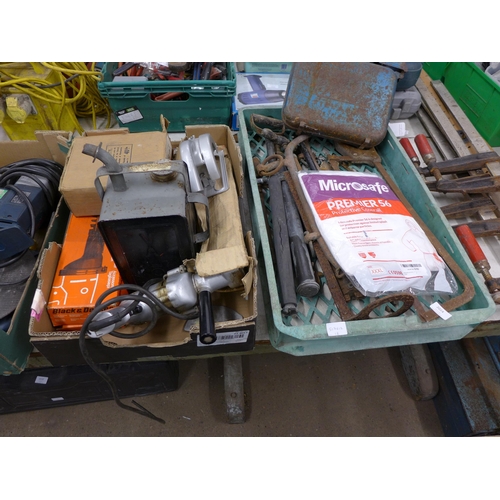 2024 - Tray of vintage hand tools ,tool attachments hedge cutter and a valor petrol can