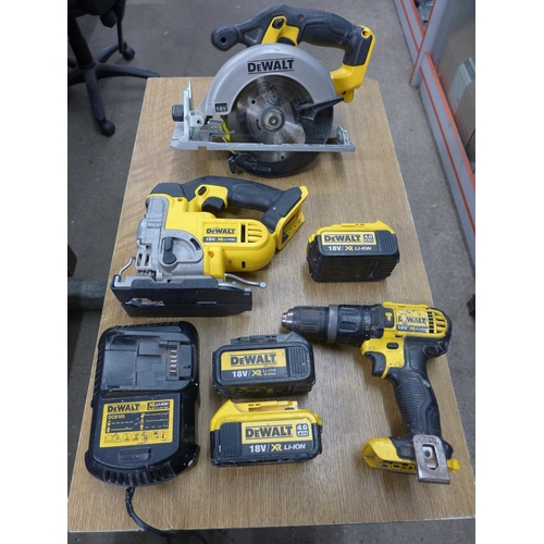 Dewalt jigsaw Dewalt drill and a Dewalt chop saw with 3 batteries