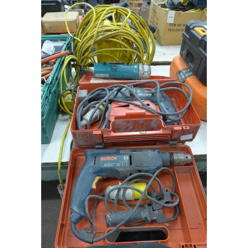 2045 - 3kva Transformer with 110v Makita grinder, Bosch SDS & Bosch 110v drill and 2 110v extension leads -... 