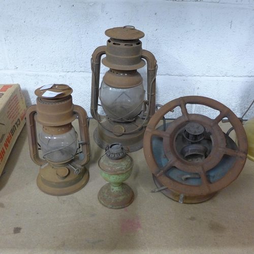 2073 - Vintage hurricane lamps and camping stove