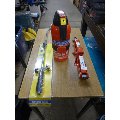 2412 - Weed burner, trolley jack and powder fire extinguisher