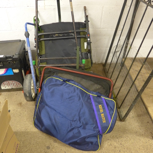 2423 - Large collection of fishing tackle and equipment inc. 2 trolleys, keep nets, bait boxes, small alumi... 