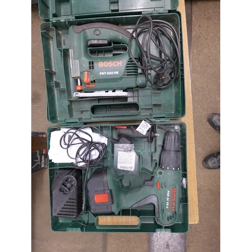 2035 - Bosch jigsaw (PST850PE), Bosch drill (PSB24VE-2) drill with battery & charger