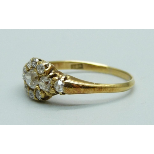 1002 - An 18ct gold antique old cut diamond cluster ring, 3.6g, Q