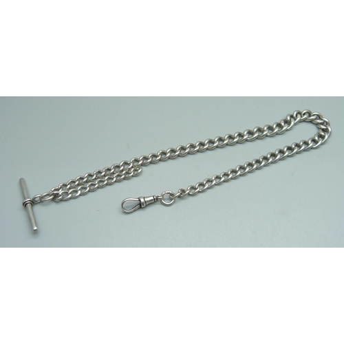 1004 - A silver Albert watch chain, the T-bar marked  Birmingham 1902, 46g, 34.5cm, each graduated link mar... 