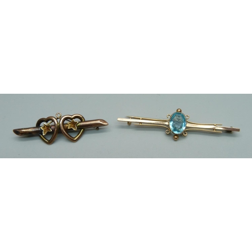 1012 - Two antique 9ct gold brooches, one Chester 1900 and one set with blue stone, 4.7g with metal pins