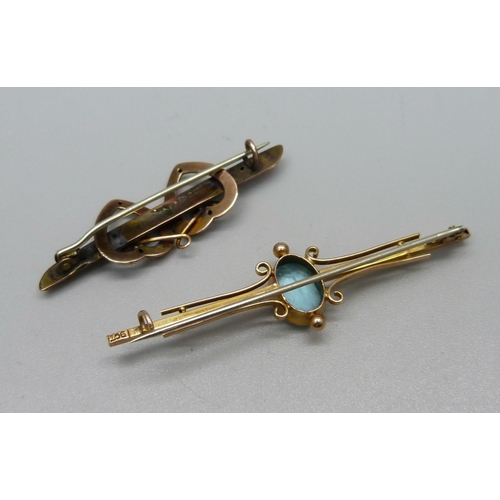 1012 - Two antique 9ct gold brooches, one Chester 1900 and one set with blue stone, 4.7g with metal pins