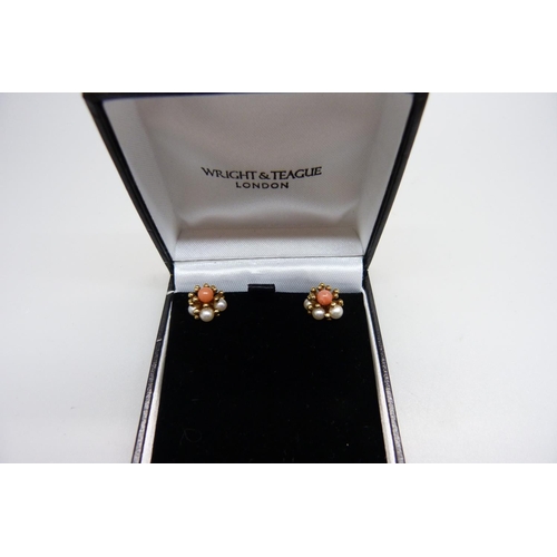 1018 - A pair of 9ct gold, coral and pearl earrings and a 9ct gold mounted coral necklace, 37cm