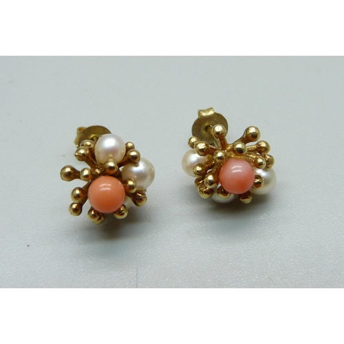 1018 - A pair of 9ct gold, coral and pearl earrings and a 9ct gold mounted coral necklace, 37cm