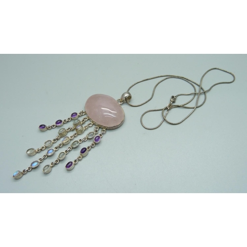 1019 - A large silver, moonstone, amethyst and rose quartz pendant and chain