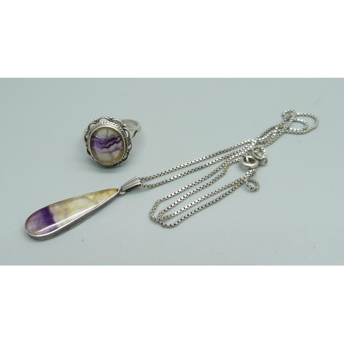 1020 - A silver and Blue John pendant and chain and a silver and Blue John ring, N