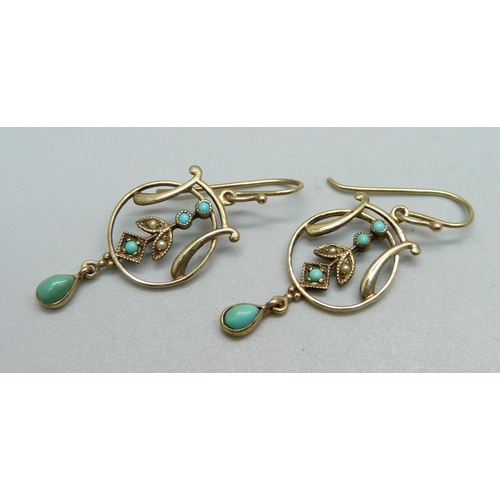 1021 - A pair of 9ct gold, turquoise and pearl drop earrings, 2.6g, 28mm