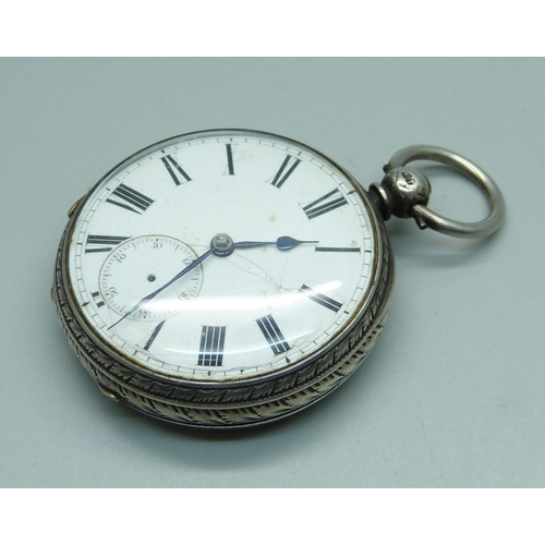 1023 - A large silver cased fusee pocket watch with gold inlay and Masonic engraving inside case, dial crac... 