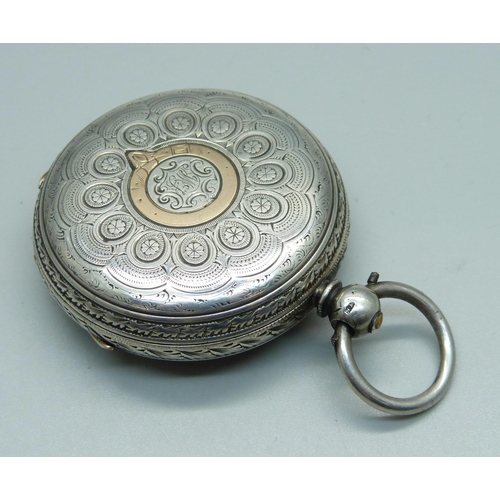 1023 - A large silver cased fusee pocket watch with gold inlay and Masonic engraving inside case, dial crac... 