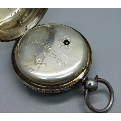 1023 - A large silver cased fusee pocket watch with gold inlay and Masonic engraving inside case, dial crac... 