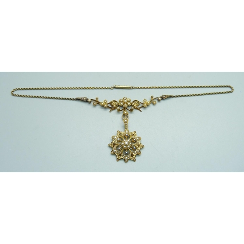 1032 - An antique 15ct gold, pearl and diamond necklace, 16.2g, 39cm