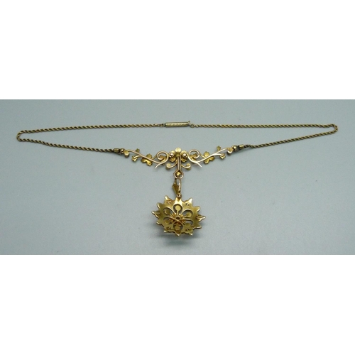 1032 - An antique 15ct gold, pearl and diamond necklace, 16.2g, 39cm