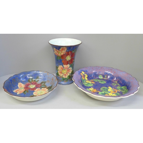 602 - A Royal Doulton Wild Rose vase, matching bowl and one other larger Nasturtium bowl