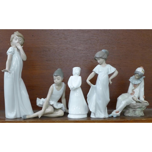 620 - Four Nao figures, one a/f and a Royal Doulton figure, The Kiss Girl