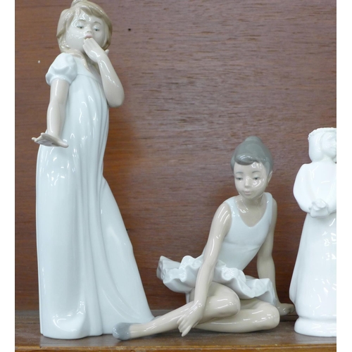 620 - Four Nao figures, one a/f and a Royal Doulton figure, The Kiss Girl