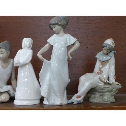 620 - Four Nao figures, one a/f and a Royal Doulton figure, The Kiss Girl