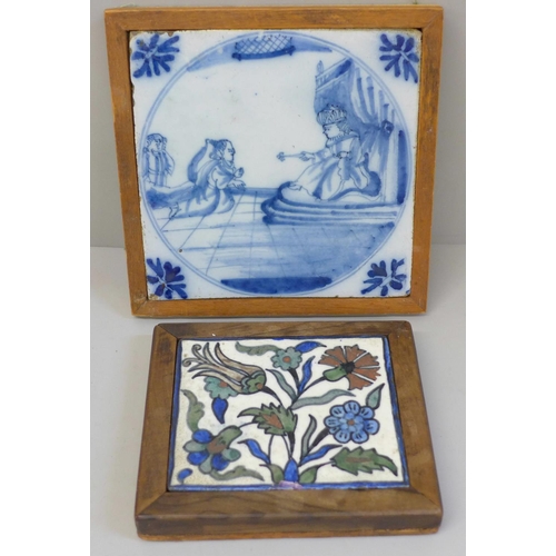 629 - An Isnik tile and an English Bristol Delft tile, circa 1750, depicting Esther before Ahasuerus