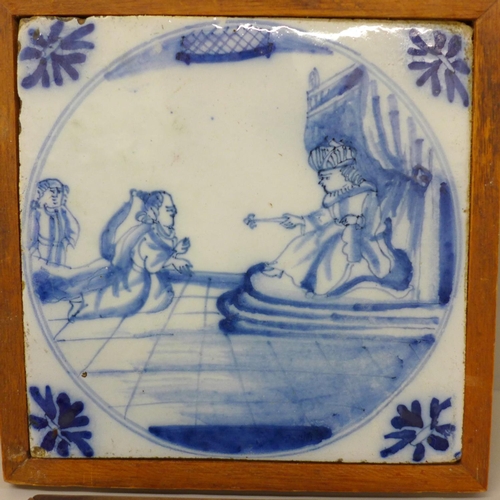 629 - An Isnik tile and an English Bristol Delft tile, circa 1750, depicting Esther before Ahasuerus