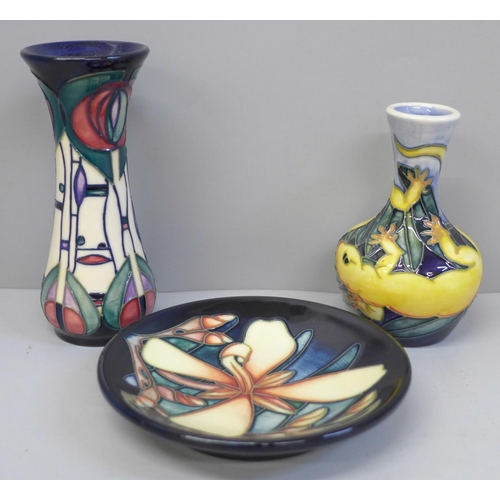 632 - Two Moorcroft vases; Rennie Mackintosh and gecko and a dish