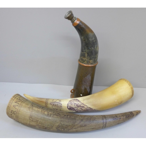 642 - An early hunting horn and two other horns with later decorations