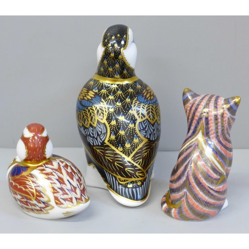 650 - Three Royal Crown Derby paperweights, Puffin (second), cat with gold hexagonal stopper and duckling ... 