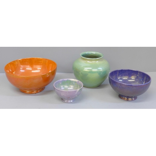 651 - Three small Moorcroft lustre bowls and a vase, vase 7cm