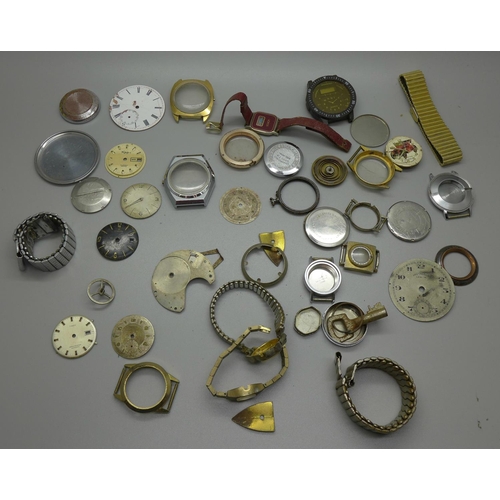 726A - Assorted wristwatch and pocket watch parts including Timex and Ingersoll