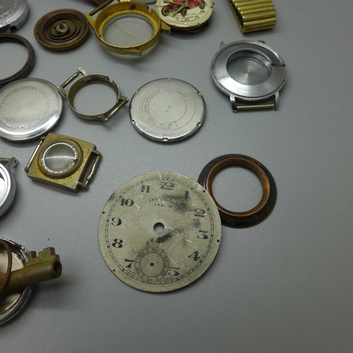 726A - Assorted wristwatch and pocket watch parts including Timex and Ingersoll