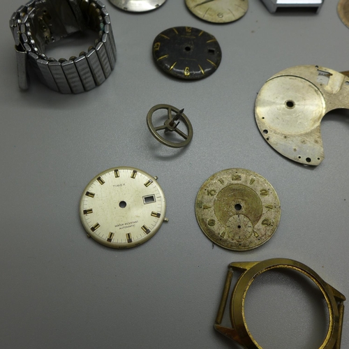 726A - Assorted wristwatch and pocket watch parts including Timex and Ingersoll