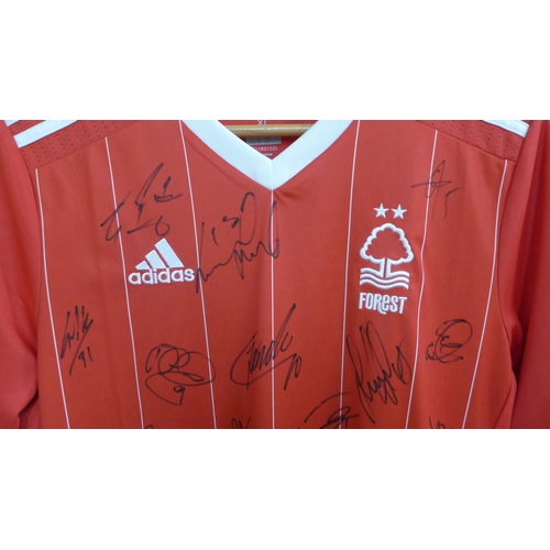 726C - A signed Nottingham Forest shirt containing signatures from seventeen members of the 2018-19 squad i... 