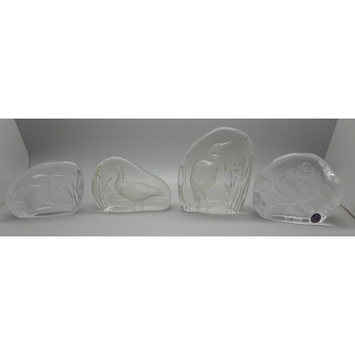 726D - Four glass animal paperweights including Dartington Crystal, one signed