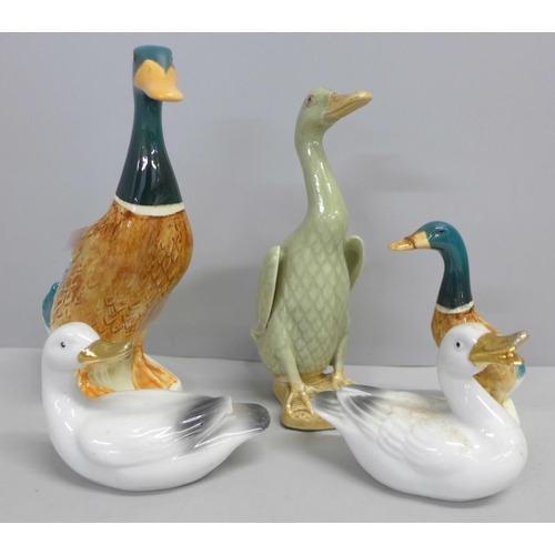 778 - A Beswick model mallard, 756-1 and 756-2, a/f, and three other model birds