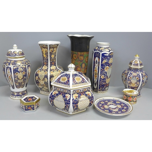 780 - A collection of Greek porcelain vases, lidded pot, a Royal Crown Derby box and drum and a Trent Porc... 